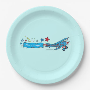 Aeroplane: Biplane Happy Birthday Banner Paper Plate