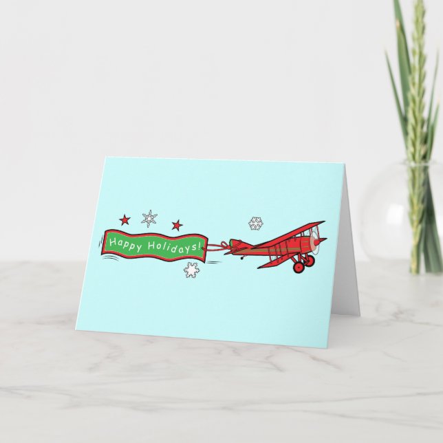 Aeroplane Biplane Happy Holidays Christmas Holiday Card (Front)