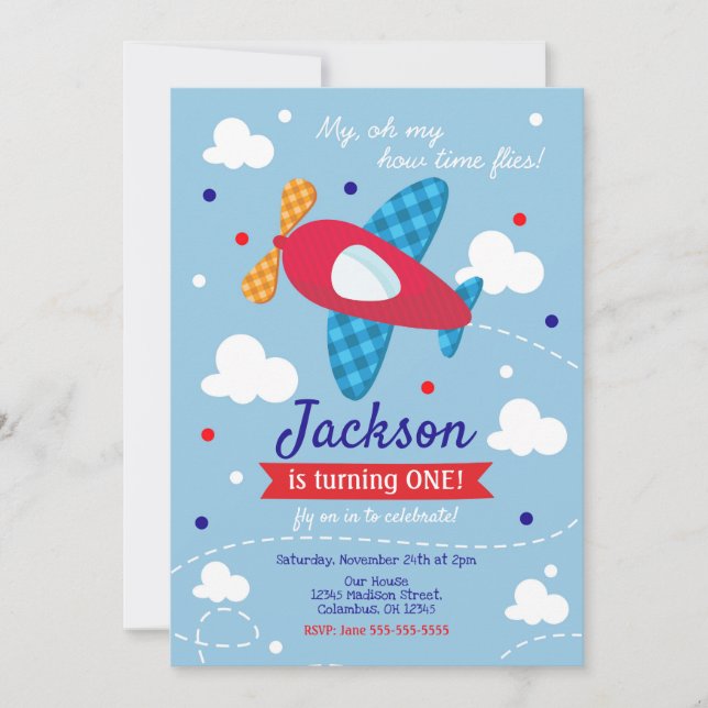 Aeroplane Birthday Invitation Boy / Time Flies (Front)