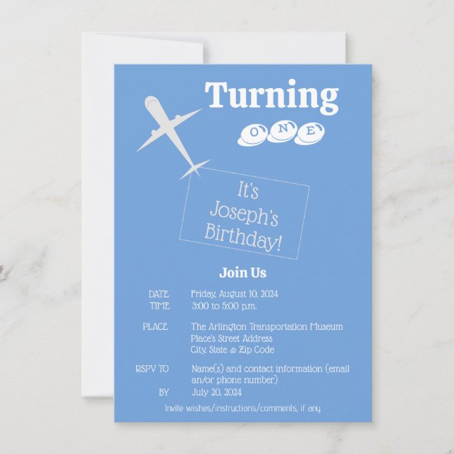 Aeroplane Birthday Invitation Card on Pastel Blue (Front)