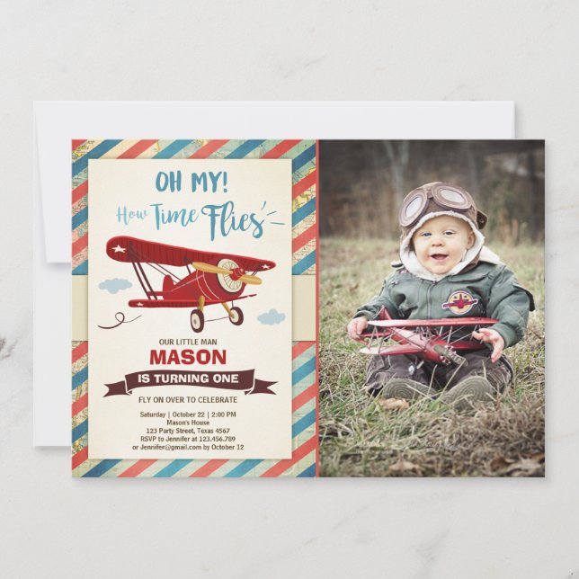 Aeroplane Birthday Invitation Time flies Plane Boy (Front)
