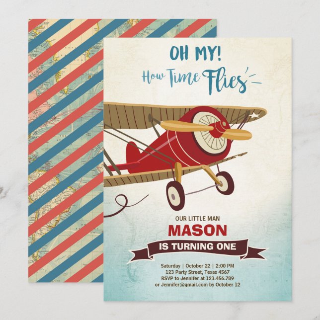 Aeroplane Birthday Invitation Time flies Plane Boy (Front/Back)