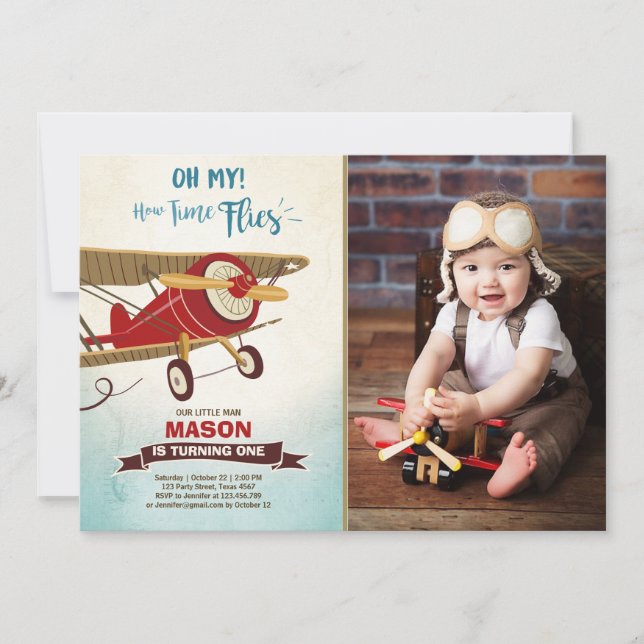 Aeroplane Birthday Invitation Time flies Plane Boy (Front)