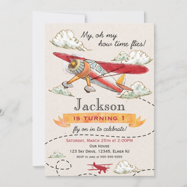 Aeroplane Birthday Invitation Vintage Plane Invite (Front)