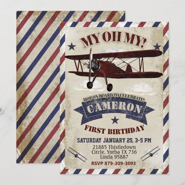 Aeroplane Birthday Invitation Vintage Theme (Front/Back)