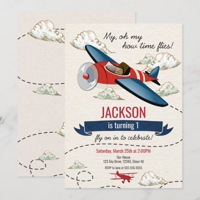 Aeroplane Birthday Invitation Vintage Time Flies (Front/Back)