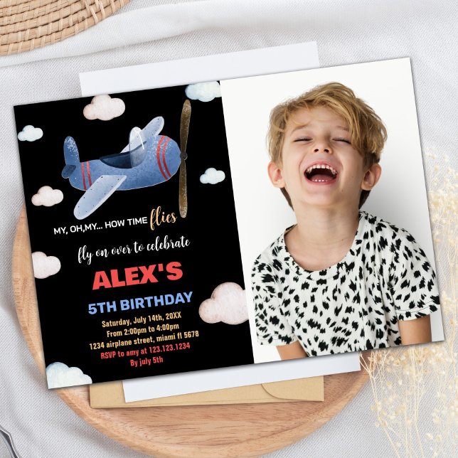 Aeroplane Birthday Invitations Black Blue w Photo (Airplane Birthday Invitations Black Blue w Photo)