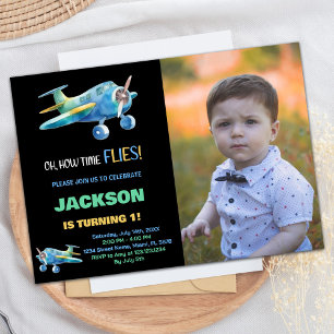 Aeroplane Birthday Invitations Black Blue w Photo