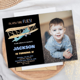 Aeroplane Birthday Invitations Black Blue w Photo