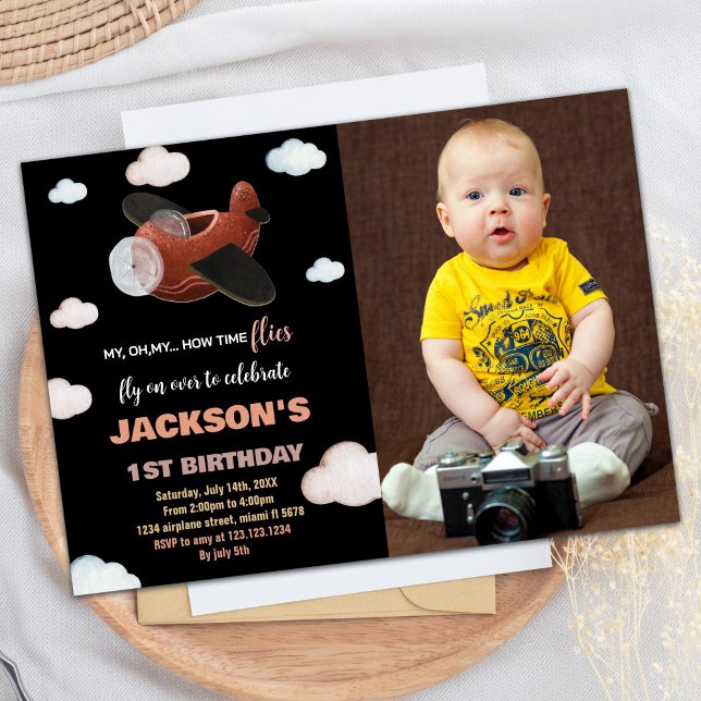 Aeroplane Birthday Invitations Black Brown w Photo (Airplane Birthday Invitations Black Brown w Photo)