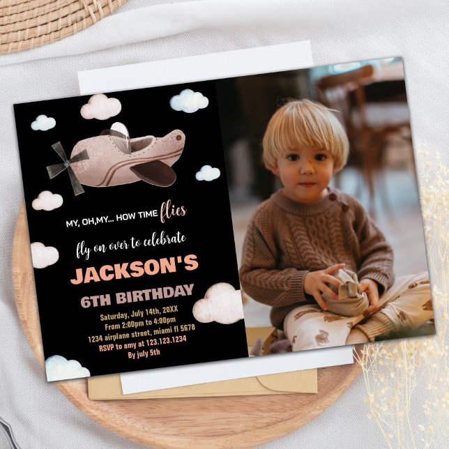 Aeroplane Birthday Invitations Black Brown w Photo (Airplane Birthday Invitations Black Brown w Photo)