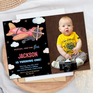 Aeroplane Birthday Invitations Black Brown w Photo