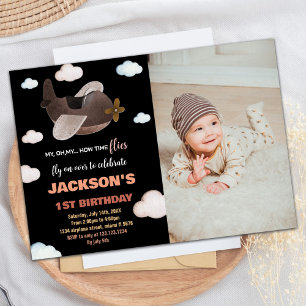 Aeroplane Birthday Invitations Black Brown w Photo