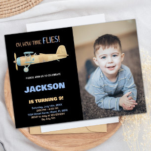 Aeroplane Birthday Invitations Black with photo