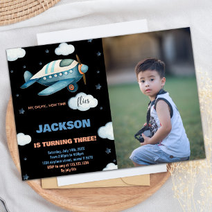 Aeroplane Birthday Invitations Blue Black w Photo