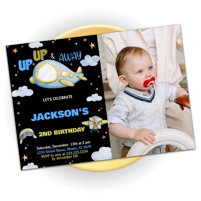Aeroplane Birthday Invitations Blue Black w photo (Airplane Birthday Invitations Blue Black w photo)
