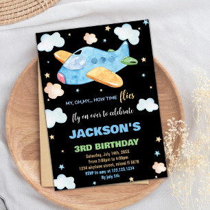 Aeroplane Birthday Invitations Blue Orange Black B