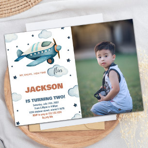 Aeroplane Birthday Invitations Blue With Photo