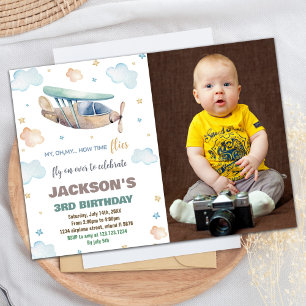 Aeroplane Birthday Invitations Brown Green W Photo