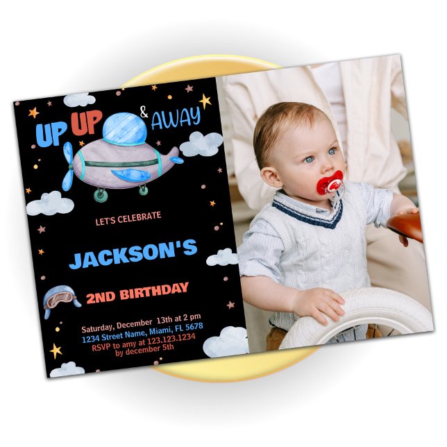 Aeroplane Birthday Invitations Brown with photo (Airplane Birthday Invitations Brown with photo)