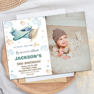 Aeroplane Birthday Invitations Green Brown W Photo