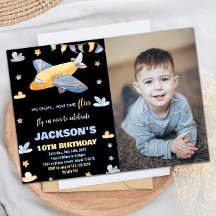 Aeroplane Birthday Invitations Grey Black W Photo