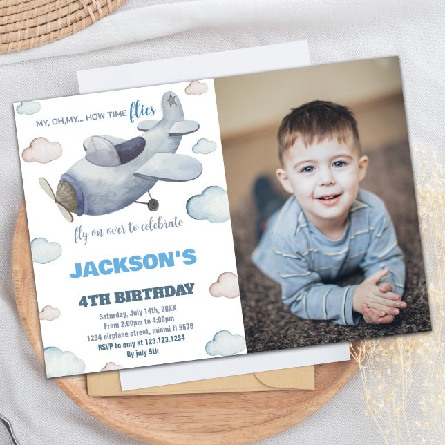 Aeroplane Birthday Invitations Grey Blue W Photo (Airplane Birthday Invitations Gray Blue W Photo)