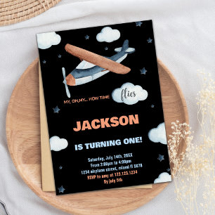Aeroplane Birthday Invitations Grey Orange Black