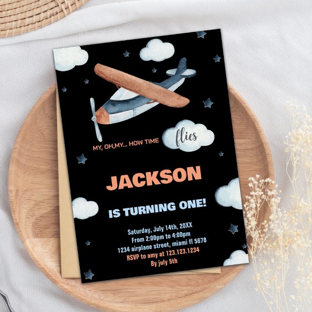 Aeroplane Birthday Invitations Grey Orange Black (Airplane Birthday Invitations Gray Orange Black)