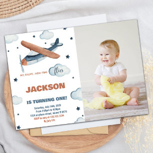 Aeroplane Birthday Invitations Grey Orange w photo