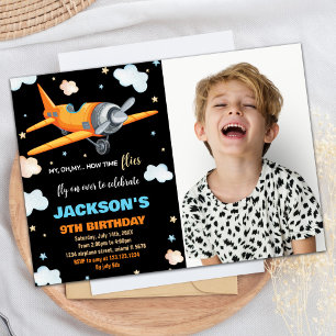 Aeroplane Birthday Invitations Orange Black w Phot