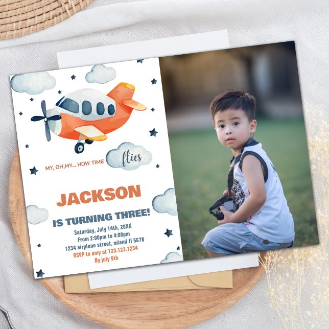 Aeroplane Birthday Invitations Orange With Photo (Airplane Birthday Invitations Orange With Photo)