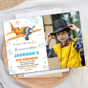Aeroplane Birthday Invitations Orange With Photo