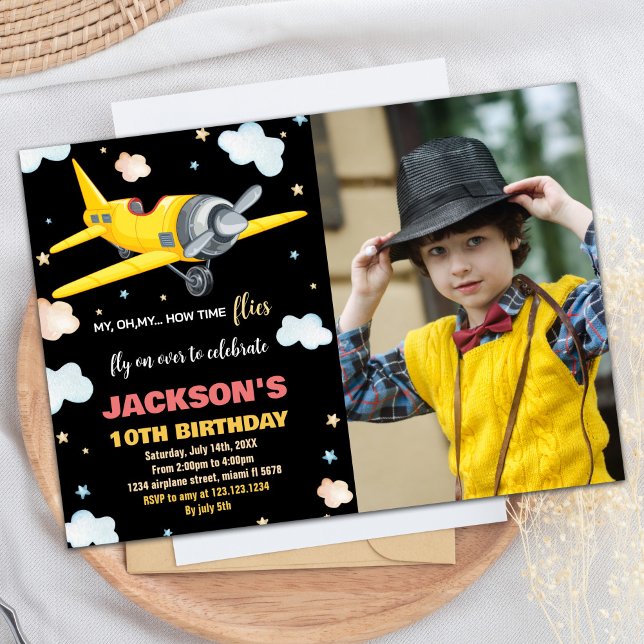 Aeroplane Birthday Invitations Yellow Black w Phot (Airplane Birthday Invitations Yellow Black w Photo)