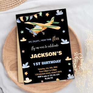 Aeroplane Birthday Invitations Yellow Green Black