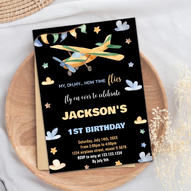 Aeroplane Birthday Invitations Yellow Green Black (Airplane Birthday Invitations Yellow Green Black)