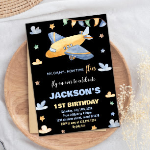 Aeroplane Birthday Invitations Yellow Grey Black B