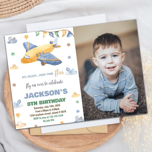 Aeroplane Birthday Invitations Yellow Grey W Photo (Airplane Birthday Invitations Yellow Gray W Photo)