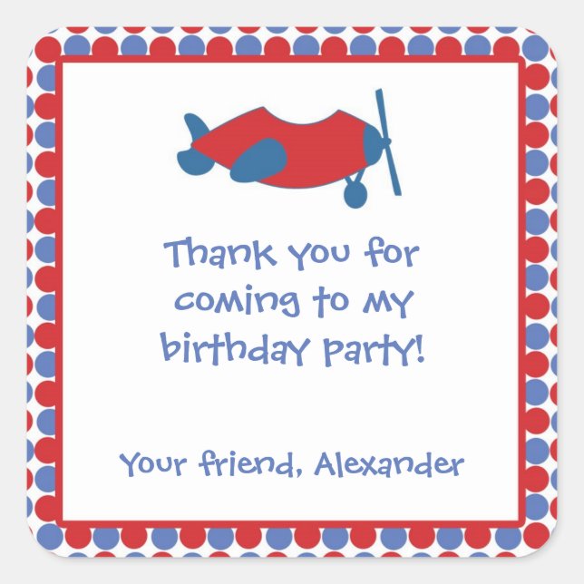 Aeroplane Birthday Party Favour Sticker Red Blue (Front)