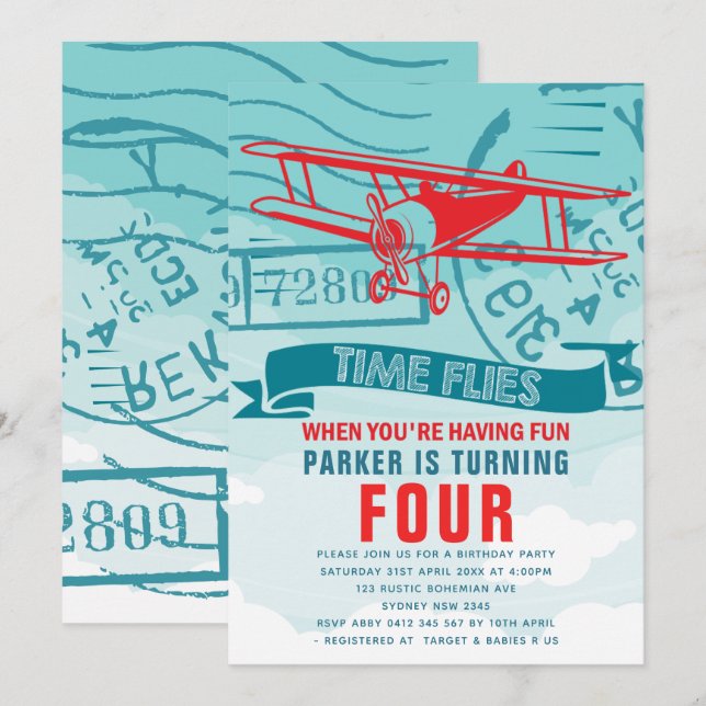 Aeroplane Birthday Party Invitation (Front/Back)