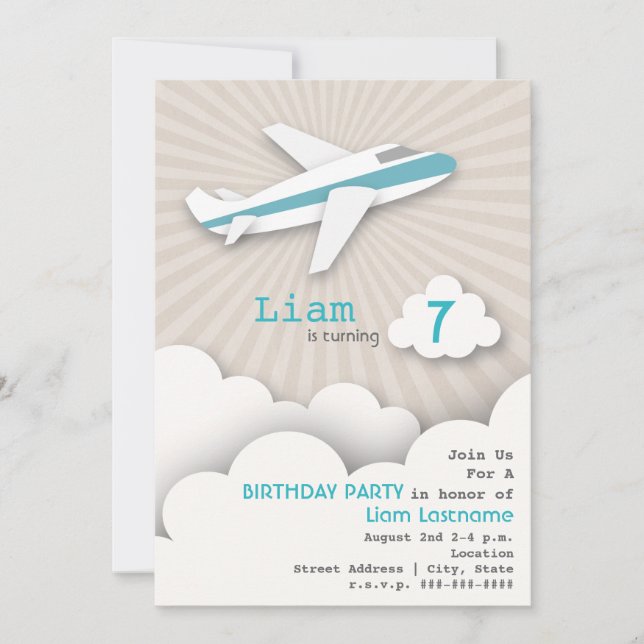 Aeroplane Birthday Party Invitation - Blue (Front)