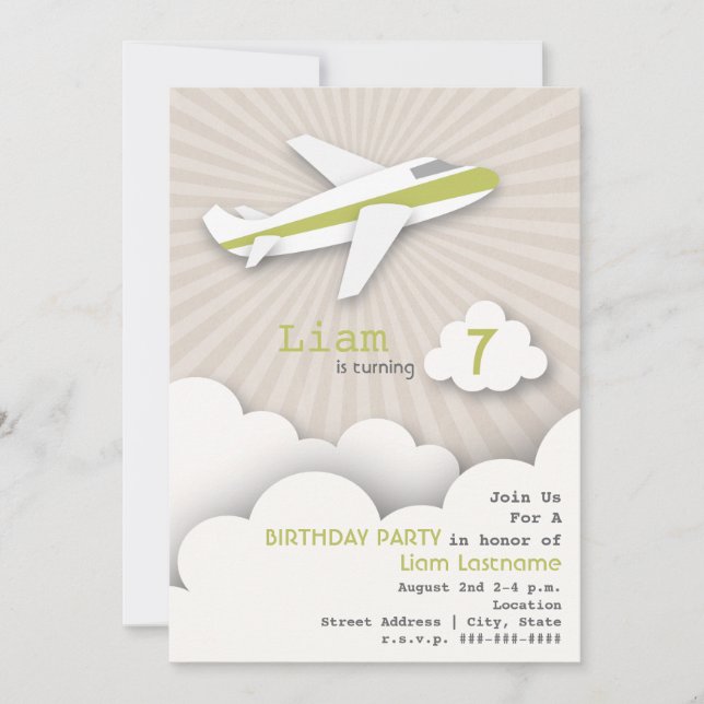 Aeroplane Birthday Party Invitation - Green (Front)