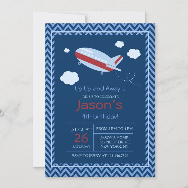 Aeroplane Birthday Party Invitation Red and Blue (Front)