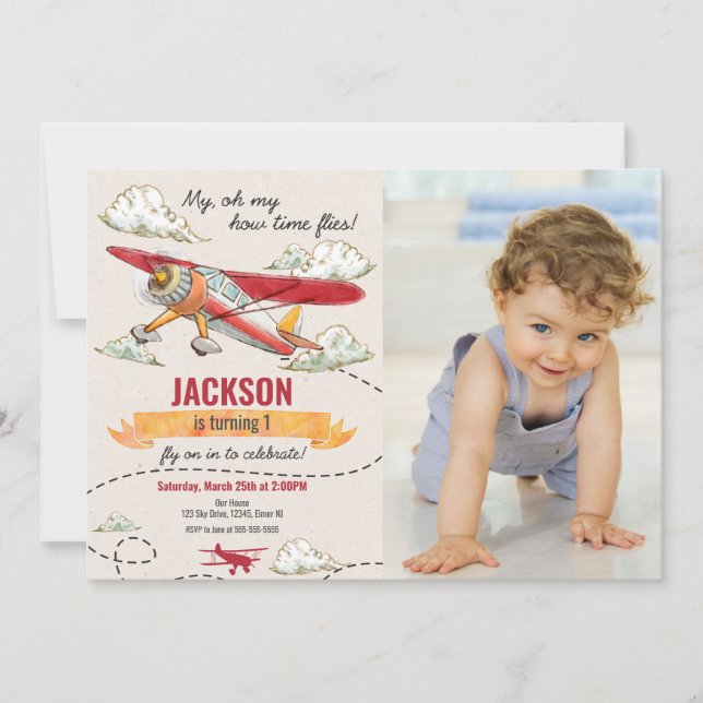 Aeroplane Birthday Photo Invitation Vintage Retro (Front)