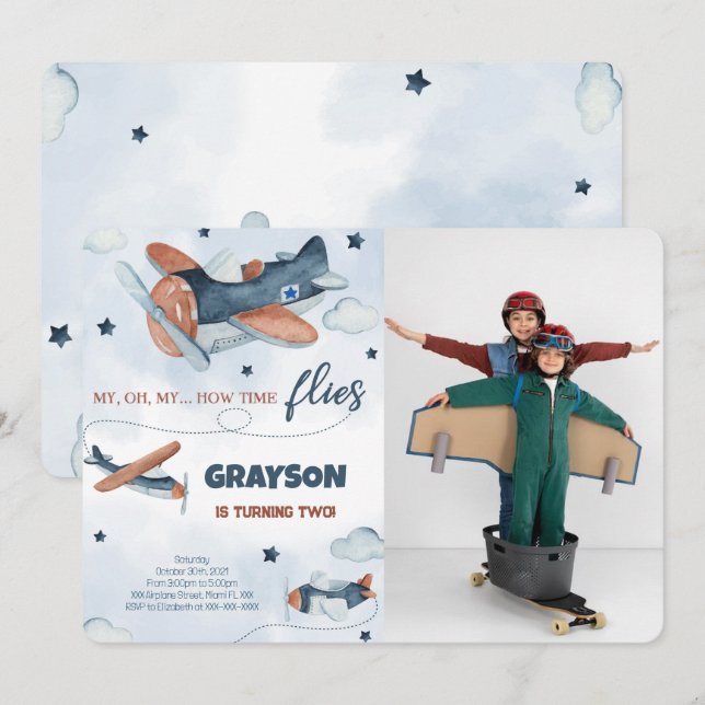 Aeroplane Birthday Photo Invitations (Front/Back)