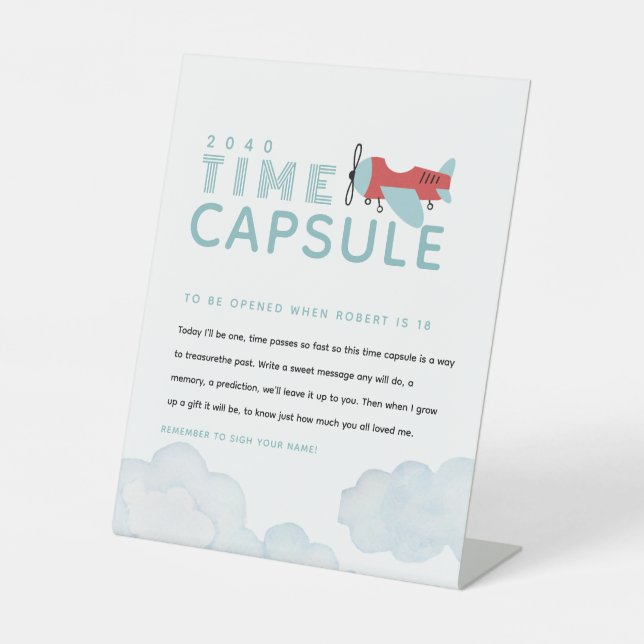 Aeroplane Birthday Time Capsule, Modern Plane  Pedestal Sign (Front)