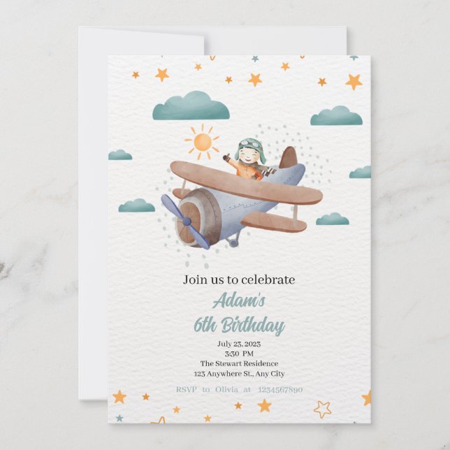 Aeroplane Blue and Green Watercolor  birthday Invi Invitation (Front)