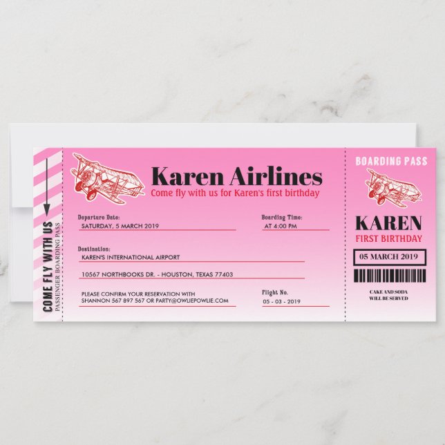 Aeroplane Boarding Pass Birthday Party Invitation (Front)