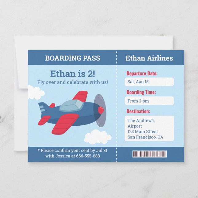 Aeroplane Boarding Pass Boys Birthday Party Invita Invitation (Front)
