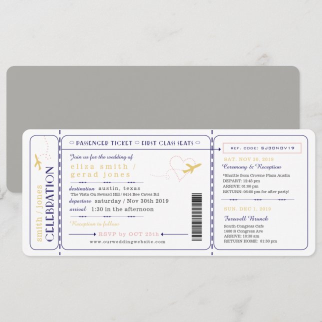 Aeroplane Boarding Pass Ticket Wedding Invitation (Front/Back)